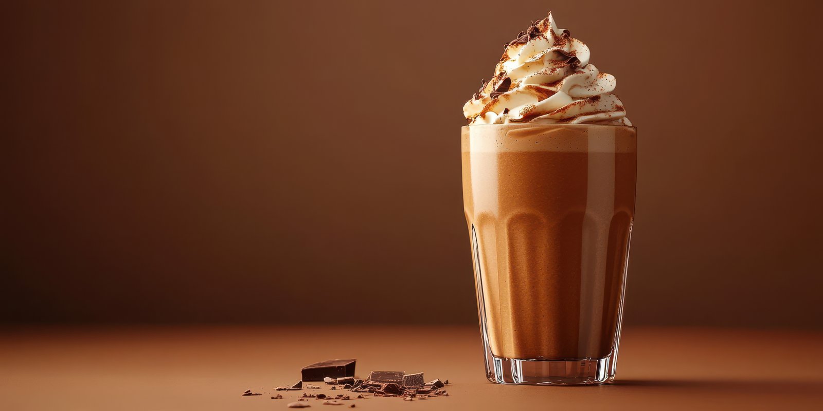 Creamy chocolate beverage topped with whipped cream in a glass on a brown surface